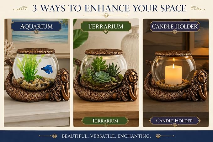 Mystical Mermaid Fish Bowl Décor – 1 Gallon Glass Aquarium, Terrarium & Candle Holder with Antiqued Bronze Mermaid Figurine, Decorative Tabletop Bowl for Home or Office