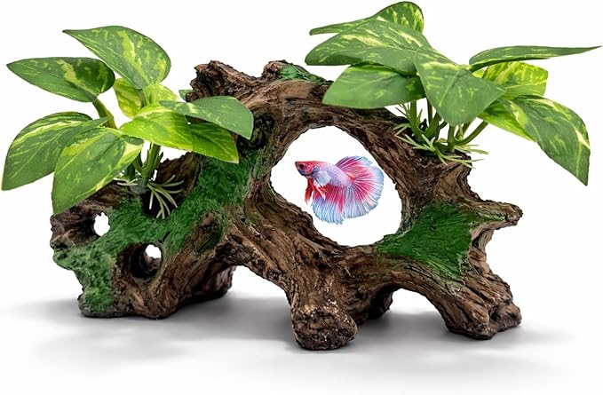 Aquarium Decor Cave with Silk Plants Fish Tank Decorations Ornament Small Aquarium Plants for Betta Goldfish Bowl Artificial Driftwood