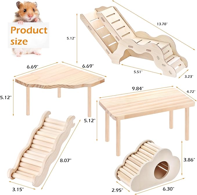 5-in-1 Wooden Hamster Toys Set Hamster House Hideout with Ladder Bridge Platform Table Climbing Ramp, Chew Toy for Syrian Dwarf Hamsters Gerbils Small Pets Cage Accessories Natural Wood Habitat Decor