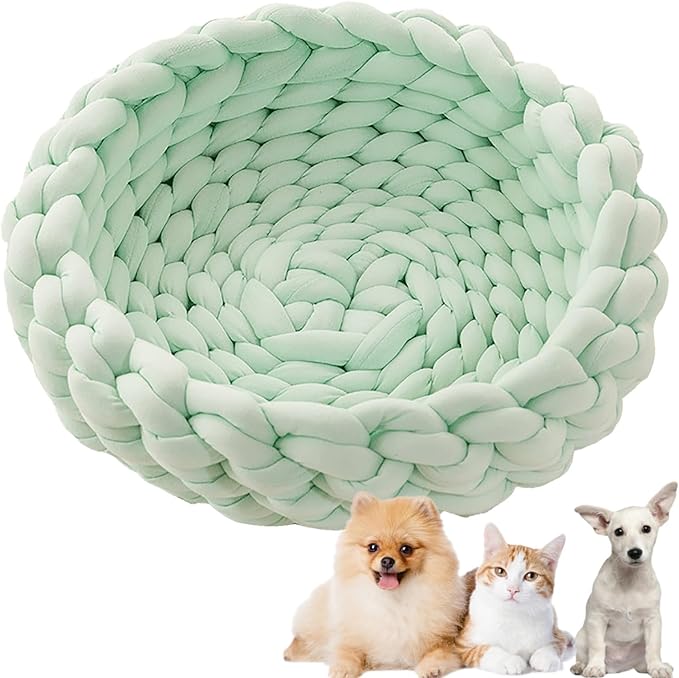 Woven Dog Bed Basket, Knitted Cotton Cat Bed Round Washable Woven Cat Pet Bed Chunky Dog Basket, Orthopedic, Chunky Knit Dog Nest,Dog Bed,Dog Cave,Dog Bedding(Green 3,17")