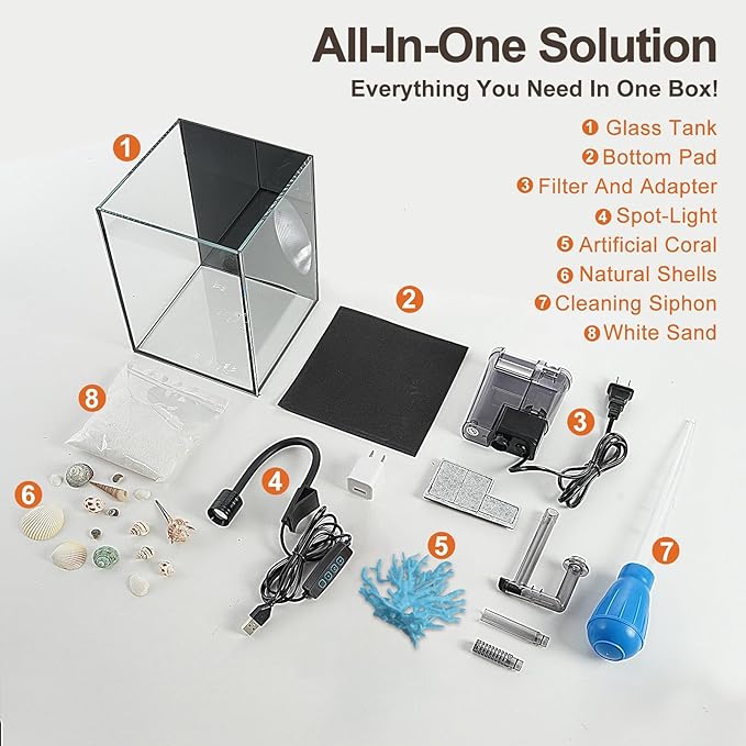 DIY Aquarium Masterpiece Kit - Create Your Own Unique Ocean Aquascape with Natural Shells, Vibrant Corals, RGB Color Lights, Filter, Pump and 1.2Gal Cube Rimless Tank