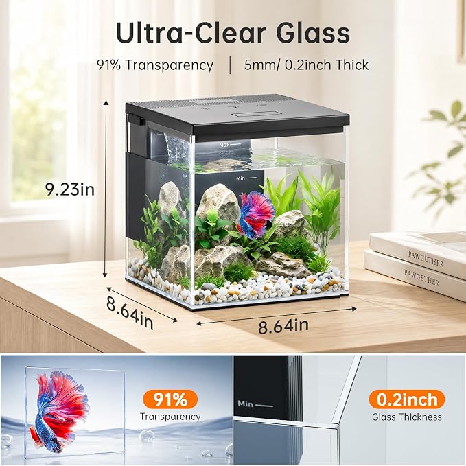 Smart Fish Tank, 2.4 Gal Glass Betta Aquarium Starter Kits for Home/Office | App Controlled, Wireless Quiet Pump, 5-Stage Filtration, Programmable Flow, Lighting Timers, 11 Colors, Temperature Monitor