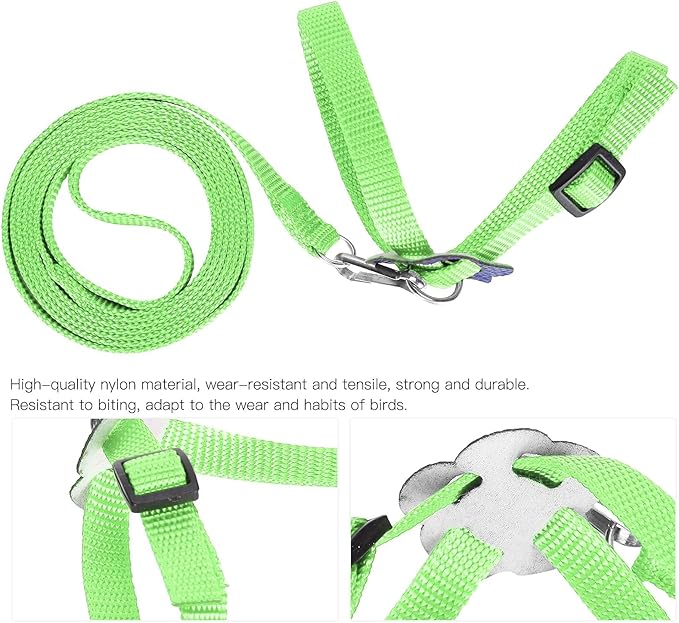 Bird Harness and Leash, 120cm Pet Parrots Adjustable Nylon Anti‑Bite Training Rope for Outdoor Flying Parrot Harness Leash Training Supplies for Parrots Alexandrine, Scarlet, Keck, Mini Macaw(Green)