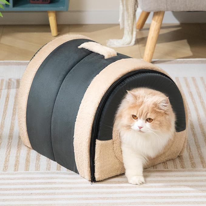 Hollypet Cat Bed Self-Warming 2 in 1 Foldable Kitty Cave Hut House Nest Pet Sleeping Bed, Crystal Velvet Pet Condo for Indoor Cats, Dark Gray Arched Cave
