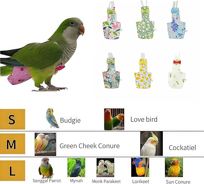 6-Piece Bird Diaper Set for Parrots, Reusable Protective Flight Suits with Waterproof Inner Layer, Washable Urine Wet Suit for Cockatiel, Parakeet, Budgie, and Small Birds (L)