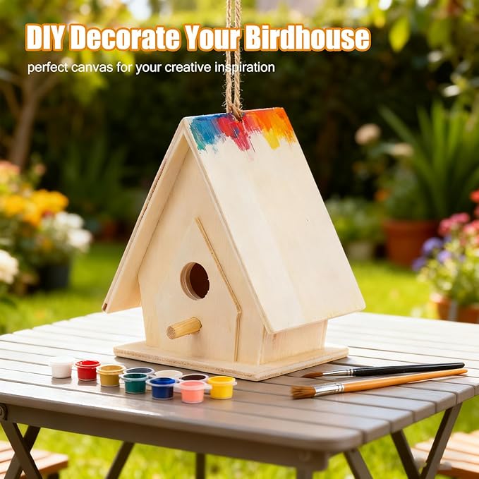 4Pcs Unfinished Wooden Bird House, Hanging Birdhouse for Outside Wood Bird Nests Box with Pole Creative Unpainted DIY Crafts Bird Houses for Garden Courtyard Decor