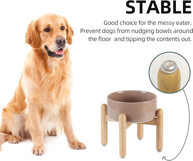 Havniva Ceramic 7.3inch Raised Dog Bowl Set, Elevated with Wooden Stand, Food and Water Bowl for Medium Breed Dogs, Weighted Dog Dishes, Pet Feeder(Brown Coffee)