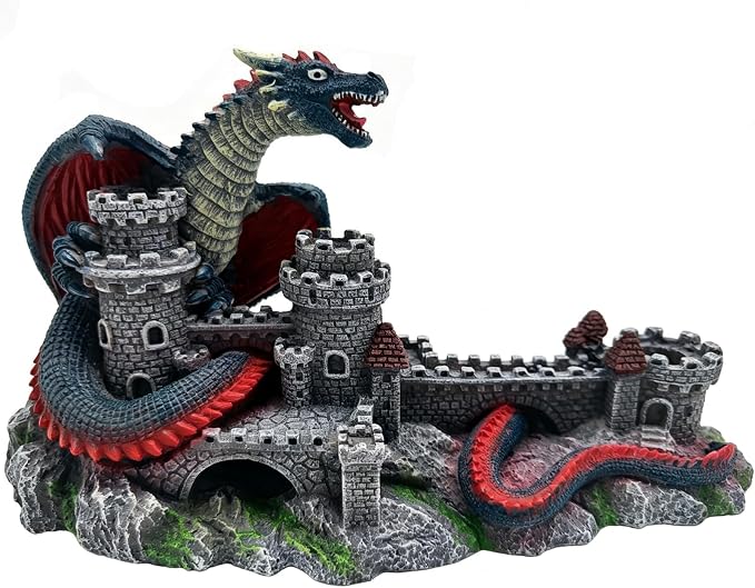 Dragon Castle Aquarium Ornament, Resin Large Fish Tank Decoration with Hiding Caves for Betta, Tropical Fish & Reptiles, Medieval Fantasy Underwater Landscape Decor-10.6 inches in Length