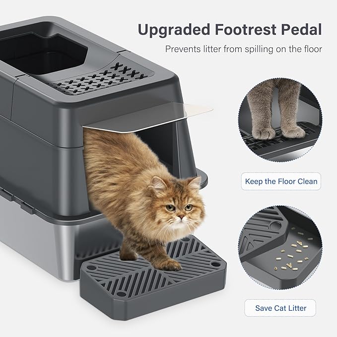 Aphyxen Stainless Steel Litter Box with Lid, XL Extra Large Enclosed Cat Litter Box Fits All Cats Modular Design with Flip Cover, Top Entry Metal High Sided Cat Box & Pedal & Scoop (Dark Grey)