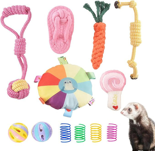 13 Pack Ferret Toys Set, Colorful Chew Teething Rope Squeaky Interactive Sound Chewing Balls Exercise Scratch Toys for Ferrets Rat Small Animals (Multicolour)