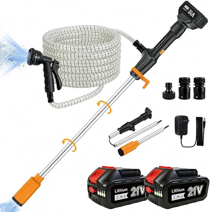Cordless Stick Water Transfer Pump 770 GPH with 2 4.0Ah Batteries (Orange) | 2X4 Ah Batteries, 32ft Lift, 11.5 FT Hose & 8-Mode Nozzle, For Hot Tub, Pool, Basement