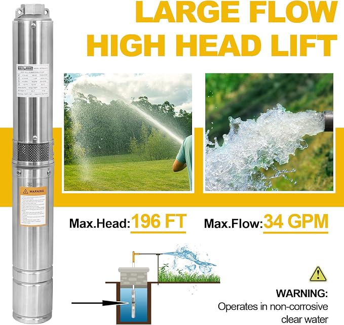 4" Deep Well Submersible Pump with 10FT Cable,1HP,115V/60HZ,34GPM,196FT Head,Stainless Steel Single-Phase Water Well Pump for Cities Farmland Irrigation and Home Use