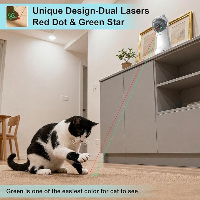 Waputne Automatic Cat Toy, Motion-Activated Interactive Cat Toy - 5 Fun Patterns, 4 Speed Modes, Adjustable Light Angles, Random Rotating Trajectory, Rechargeable(Red Dot + Green Star)
