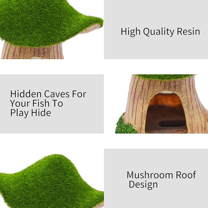 AnRui Green Moss Mushroom Aquarium Decor Cute Fish Tank Decorationss Resin Aquarium Decor Hideout Cave Ornament for Small Fish, Hermit Crab, Shrimp, Goldfish and Reptiles