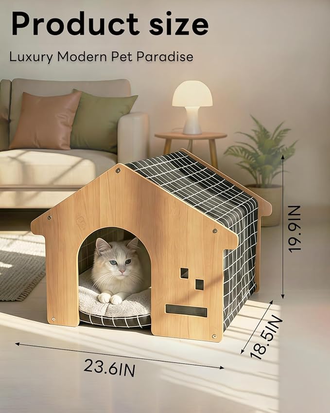 Indoor Dog House with Solid Pine Wood Frame, Furniture Style Cat House & Condos for Small Medium Dogs Cats Up to 25lbs, Modern Washable Dog Bed Cave (Black and White Grid)