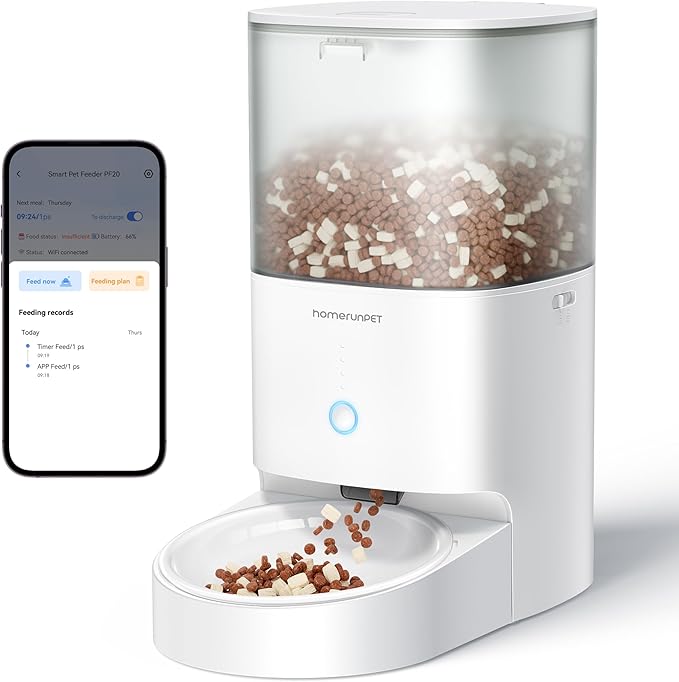 Homerunpet Automatic Cat Feeder - 4L Timed Pet Feeder, No Jam Freeze Dried Safe, WiFi & Bluetooth App Control, 30-Day Freshness for Cats and Small Dogs, Stainless Steel Bowl (Porcelain Bowl)