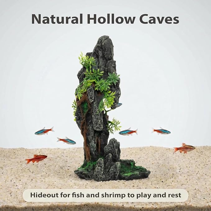 Aquarium Mountain View Stone Ornament, Large Resin Hideout Cave for Betta & Shrimp, Fish Tank Decor Rock Cave with Fish Cave and Hideouts (7.28" x 4.13" x 13.58")