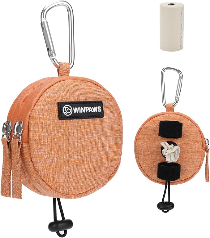 Dog Poop Bag Holder for Leashes- Dog Treat Pouch with Waterproof Zipper,Puppy Training Small Bag with Carabiner & Bungee Toggle,Two Pockets for Dry or Wet Treats-Pet Travel Walking Essentials (Orange)