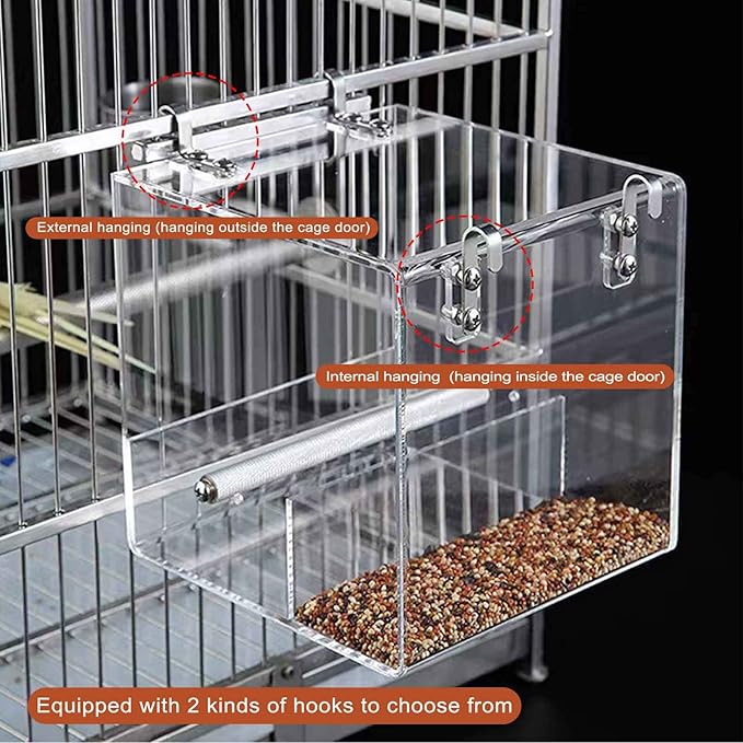 Automatic Bird Feeder for Cage, Automatic Acrylic Bird Feeder No Mess Bird Cage for Small Bird Parrots Canary Parakeet Budgerigar Crested Myna Cockatiel (L: 6.3" x 6.2" x 6.2")