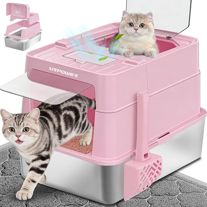 URPOWER Stainless Steel Cat Litter Box with Flip-Top Lid Extra Large Enclosed Litter Box Non-Sticky Metal Pan with High Sided & Scoop, Odor Free, Front & Top Entry, Anti-Leakage, Easy Cleaning