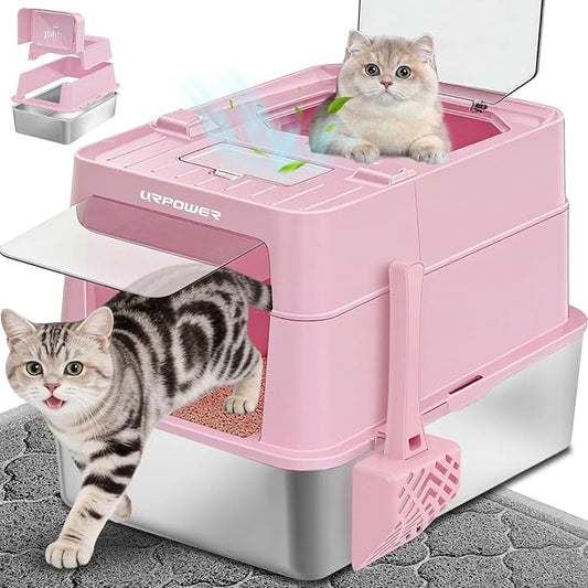 URPOWER Stainless Steel Cat Litter Box with Flip-Top Lid Extra Large Enclosed Litter Box Non-Sticky Metal Pan with High Sided & Scoop, Odor Free, Front & Top Entry, Anti-Leakage, Easy Cleaning