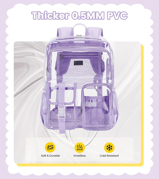 Vorspack Clear Backpack - Heavy Duty Transparent Bookbag for Adults Extra Large See Through backpacks for Work, College, Travel - Purple