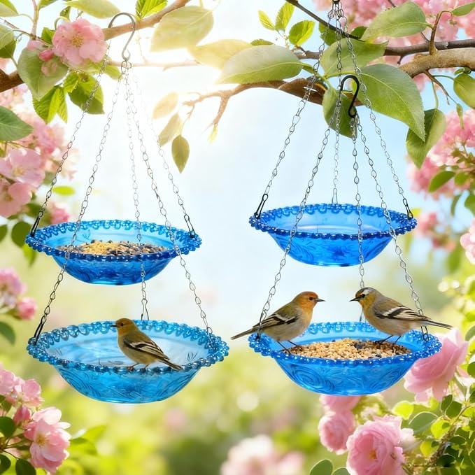 4 Pack Super Value Hanging Plastic Bird Baths and Feeders for Outdoors Bird Water Bowls and Seed Trays Set Attract Wild Birds Garden Yard Decor Gift (4 Pack Blue)