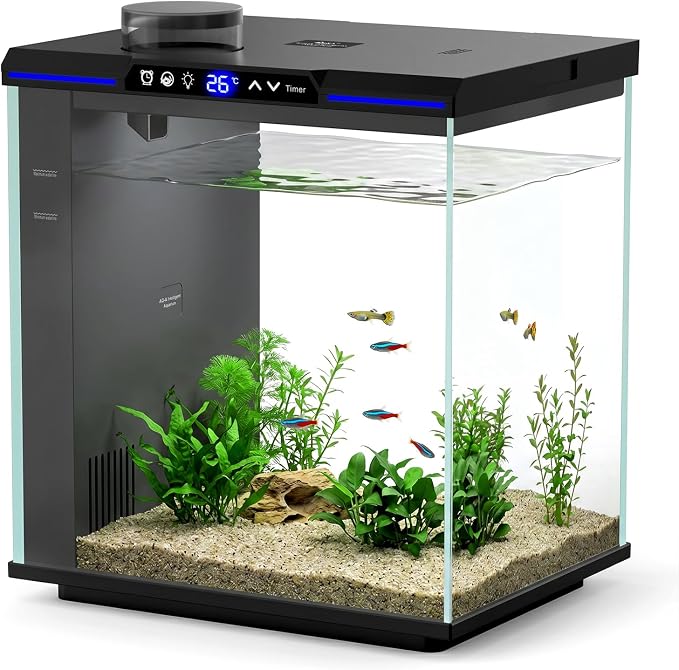 AQQA 7.88 Gallon Aquarium Starter Kit, Glass Fish Tank 3-Stage Filtration | Real-Time Temp Monitor, 4-Color Timed LED Light, Quiet Pump, Self Cleaning Desktop Tank for Betta Shrimp, Black