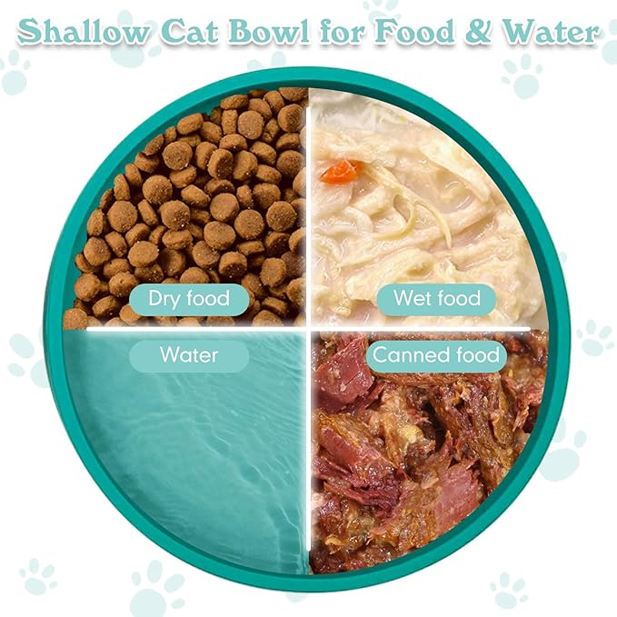 Silicone Cat Food Bowls Shallow Cat Dishes 5.9in Wide Pet Plates Set of 2 Small Flat Dog Saucer Bowl Cute Whisker Fatigue Kitten Feeding Dish for Dry & Wet Food (Round Blue + Green)