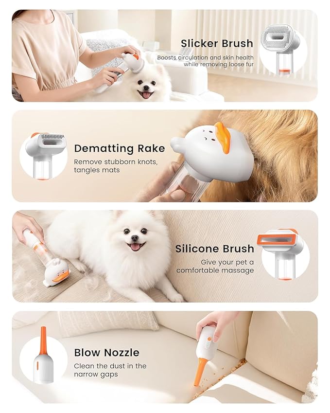 Vacuum Dog Brush for Shedding, 4-in-1 Self-Cleaning Slicker & Undercoat Rake, Deshedding Grooming Tool, Anti-Static, Massage & Combing All In One! (White)