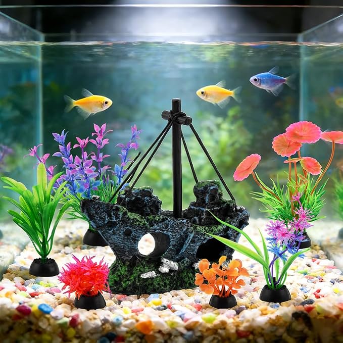 7pcs Fish Tank Decorations,Sunken Ship,Aquarium Artificial Plastic Plants | Aquarium Shipwreck x 1pc, Aquatic Plants x 6pcs,Goldfish Betta Fish Tank Accessories Small Large Fish Bowl Ornaments