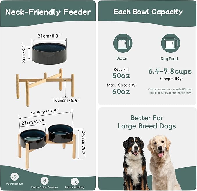 Havniva Ceramic 8.2inch Raised Dog Bowl with Stand for Large- Breed Dogs, Pet Food and Water Feeder (Double Bowl with Stand - Starry Sky)