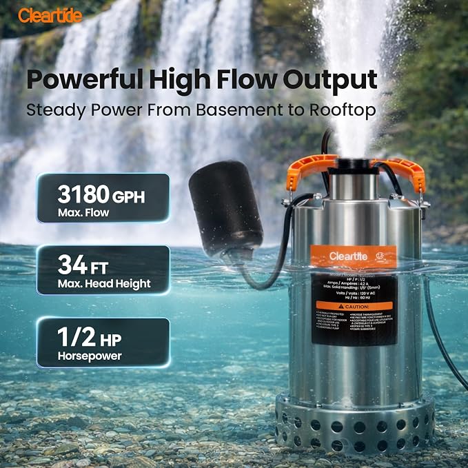 Stainless Steel Submersible Water Sump Pump with Float Switch, 1/2 HP, 3060 GPH Ideal for Pool, Yard, Flooded Cellar & Basement, Hot Tub, Pond, and Garden Draining, 10 FT Cord