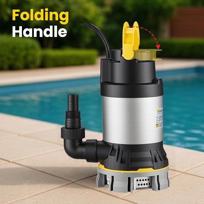 1 HP Sump Pump 4000 GPH Clean/Dirty Stainless Steel Submersible Water Pump Portable Electric Utility Pump with Folding Handle for Swimming Pool Garden Basement Tub Pond Draining