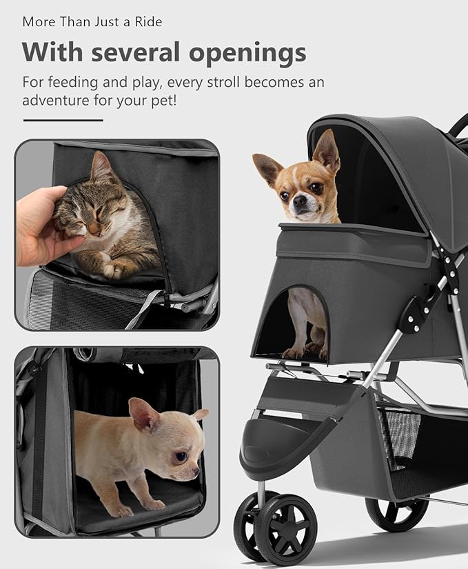 OS MOTOR Pet Stroller with 3 Wheels for Small/Medium Pets, Portable Travel Foldable Carrier Jogger for Dog Cat Puppy Kitty, Rear Wheel Breaks, Storage Basket, Visible Mesh with Weather Cover (Black)