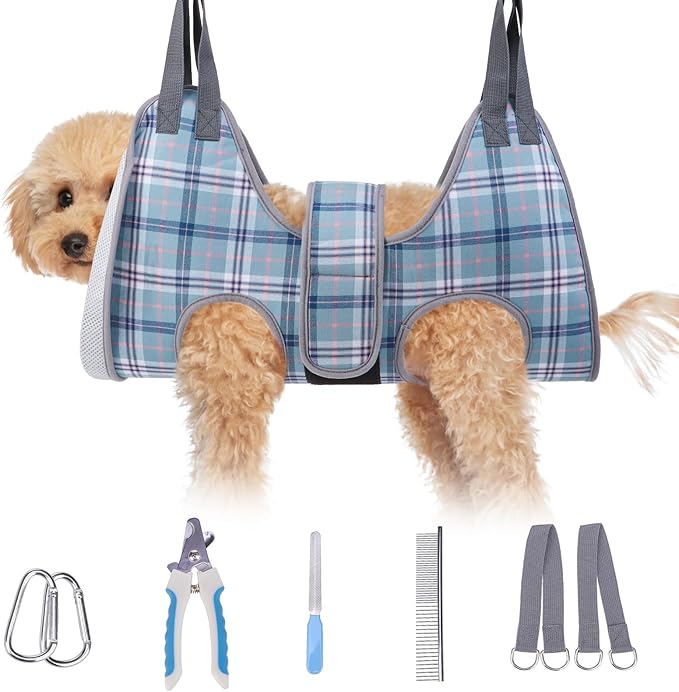 BEAUTYZOO Dog Grooming Hammock, Small Dog Sling for Nail Trimming, Dog Hanging Harness for Claw Care with Thick Fabric Neck Support Wide Strap Restraint Cat Grooming Hammock, Blue XS