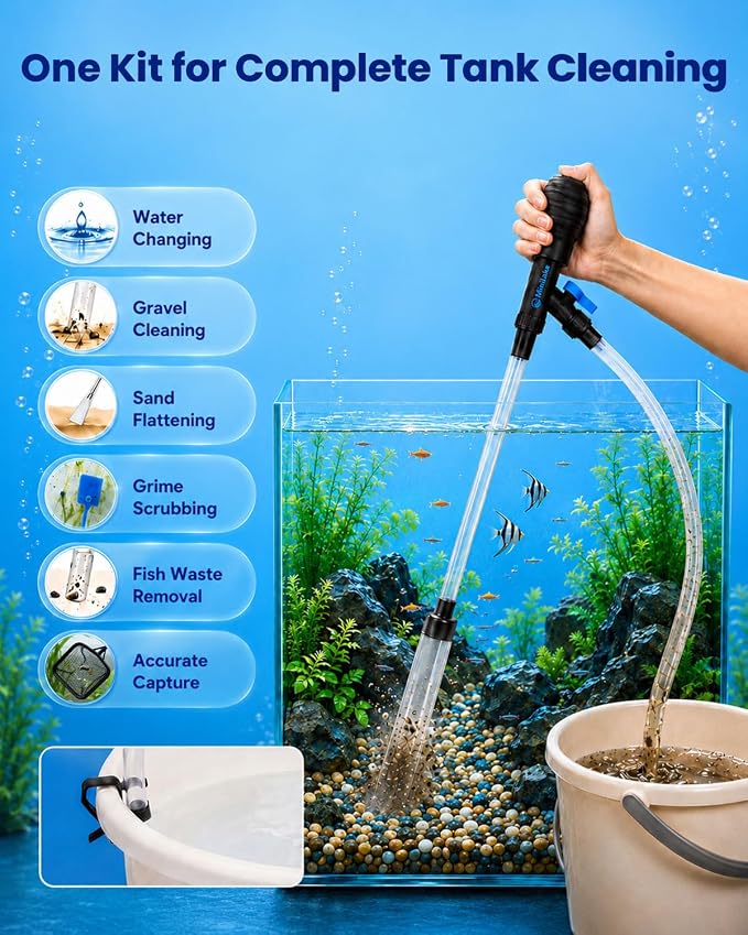 Aquarium Gravel Cleaner Kit | 80GPH Fish Tank Water Changer Tool with 6Ft Water Hose Skimmer Net Sponge Brush Sand Shovel and Tweezer for 3~8Gal Tank