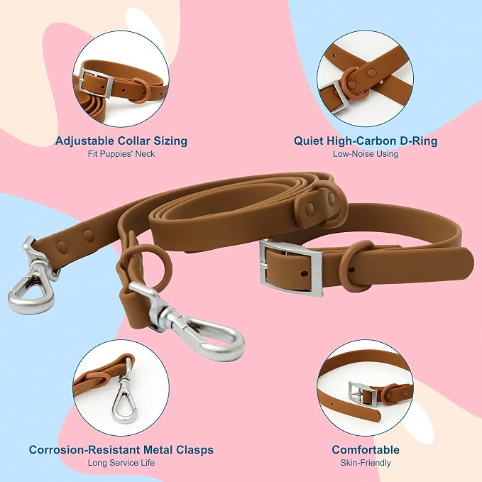 Dog Collar and Leash Set, Durable Waterproof Dog Leashes Collars, 5 Length Setting Adjustable Dog Collars for Large Medium Small Dogs (Brown, XS)