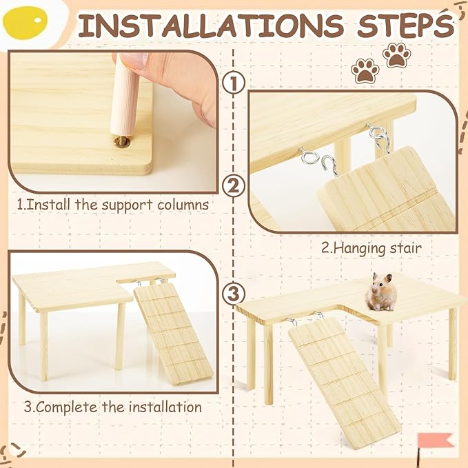 BreezeHug 4 Pcs Hamster Platform Hideout Wooden Tunnel Ladder Playhouse Hamster Game Climbing Toy with Platform Cage Accessories for Pets Dwarf Syrian Mice Degus Gerbils Squirrel(Loft)