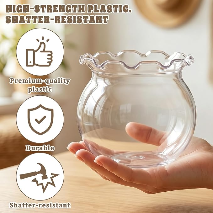 Mini Plastic Fish Bowl with Floral Trim, 27 oz Decorative Fish Bowls Unbreakable Plastic Betta Fishes Tank Clear Round Desktop Vases Bowls for Home Decor, Centerpiece Vases, Candy, Party Favors