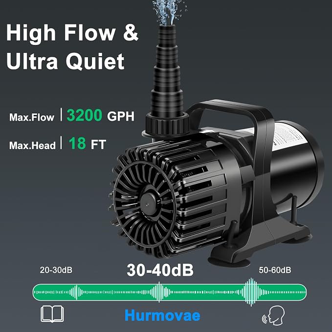 3200 GPH Pond Pump for Fish Pond Fountain & Waterfall, 18ft Lift | 150W Submersible Water Pump, 180° Rotatable Outlet, Filter Bag & 20FT Power Cord, Ultra-Quiet, UL Listed