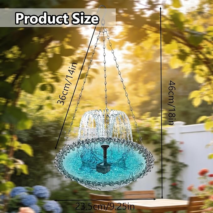 Hanging Solar Bird Bath Fountain with Solars Pump & Bowl & Chains Large Humming Solar Water Fountains with Flowing Water for Outdoor Garden Backyard Patio Lawn(Pink)
