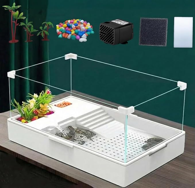 Medium Turtle Tank with Water Pump | Clear Acrylic Aquarium Habitat with Basking Platform, Easy-Clean Design for Baby Turtles and Small Reptiles