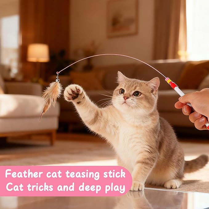 4 Pcs Cat Feather Toys, Cat Feather Wand Toy with Bell Beads Interactive Cats Toys Wand Teaser Wire Wands for Cats Chase Exercise Play