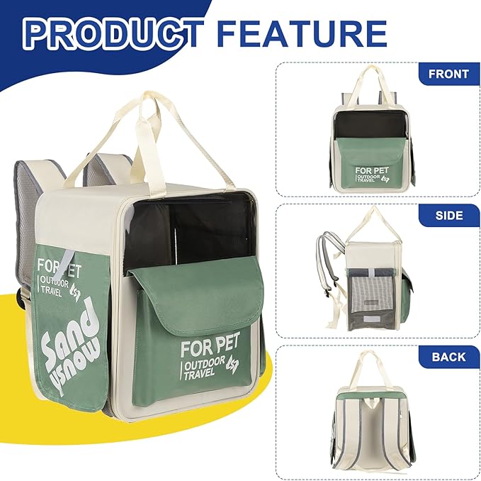 Pet Backpack Carrier, Portable and Ventilated, Oxford Cloth, Dogs Cats and Small Animals Travel Bag 12.6" Up to 16.5 Lbs, (Green), Intended for Hiking/Camping/Traveling