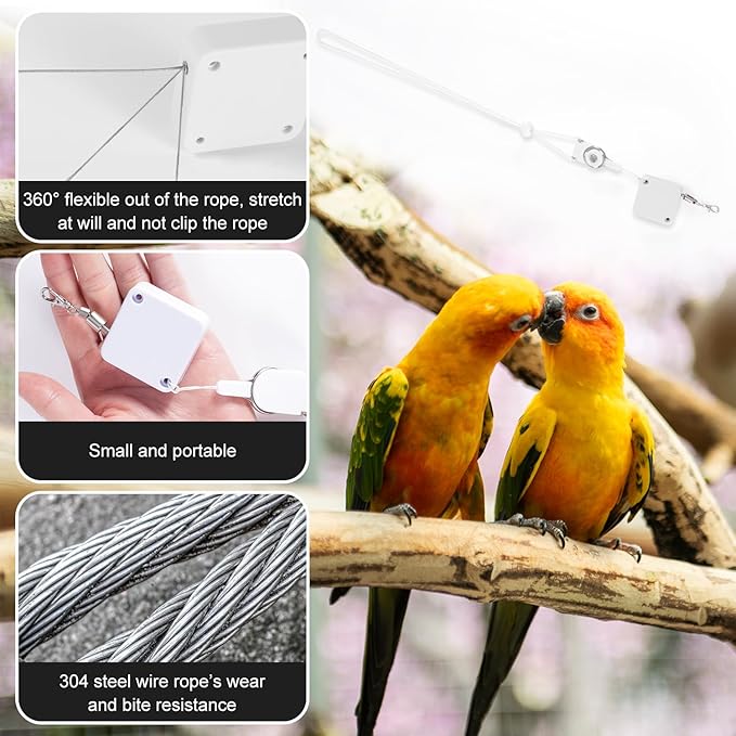 Retractable Bird Leash, 6.56ft Bird Harness with 3 Sizes of Foot Rings Parakeet Flying Ankle Harness Parrot Leg Leash Outdoor Flying Training Supplies Kit for Cockatiels Budgies (White)