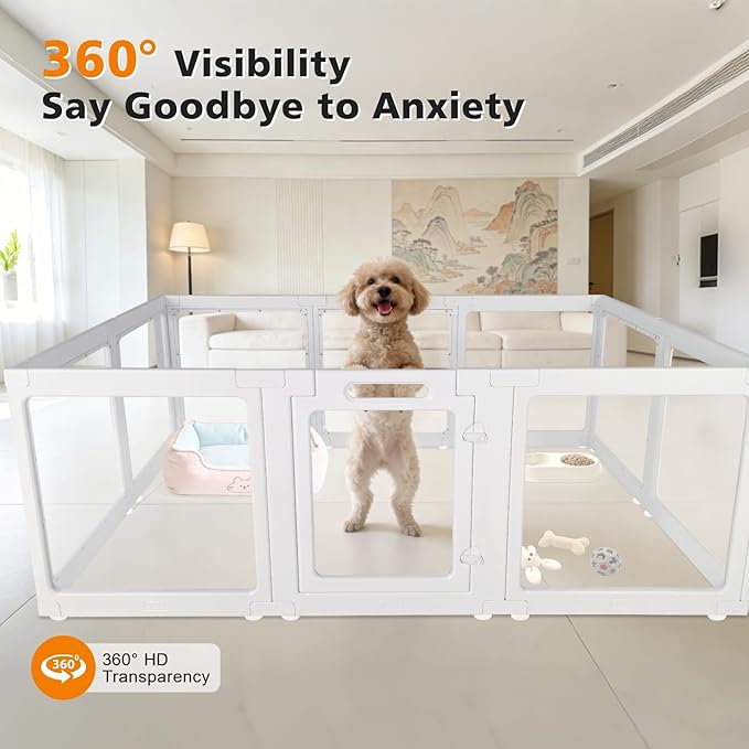 Clear Acrylic Plastic Dog Playpen with Door, 23.6"H Transparent DIY Puppy Cat Pet Play Pen, Modular Fence for Dog, Cat, Pig, Rabbit, Ferret, Easy Assemble Dog House Crate Kennel Whelping Cage