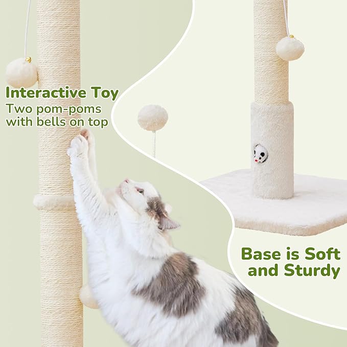 Woochpet Cat Scratching Posts 33" for Adults Cats, Cat Scratcher with Soft Fabric Covering Base and Durable Sisal Rope, Scratcher with Fun Mouse Hole and Cat Toy for Tall Cats (White)