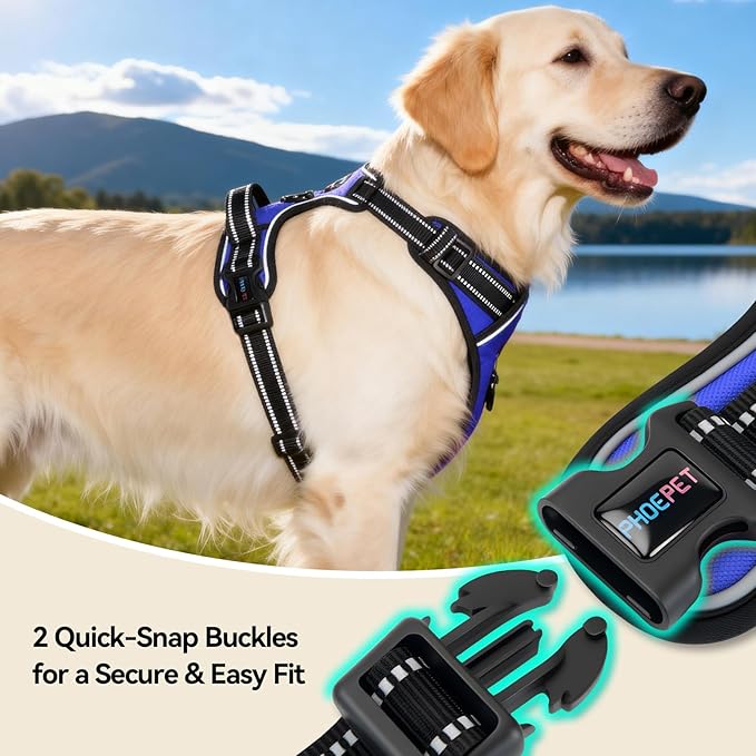 PHOEPET No Pull Dog Harnesses for Small Puppies Reflective Adjustable Front Clip Vest with 2 Metal Leash Attachment Hooks Soft Handle [Over The Head Design](S, Royal Blue)