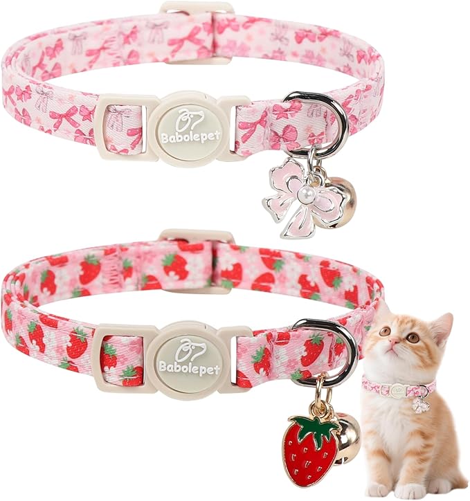 2 Pack Pink Cat Collars - Cute Strawberry & Bow Breakaway Cat Collars, Adjustable Girly Pink Kitten Collar for Small Dogs Puppy, Spring Summer Pet Safety Collar with Bell & Pendant